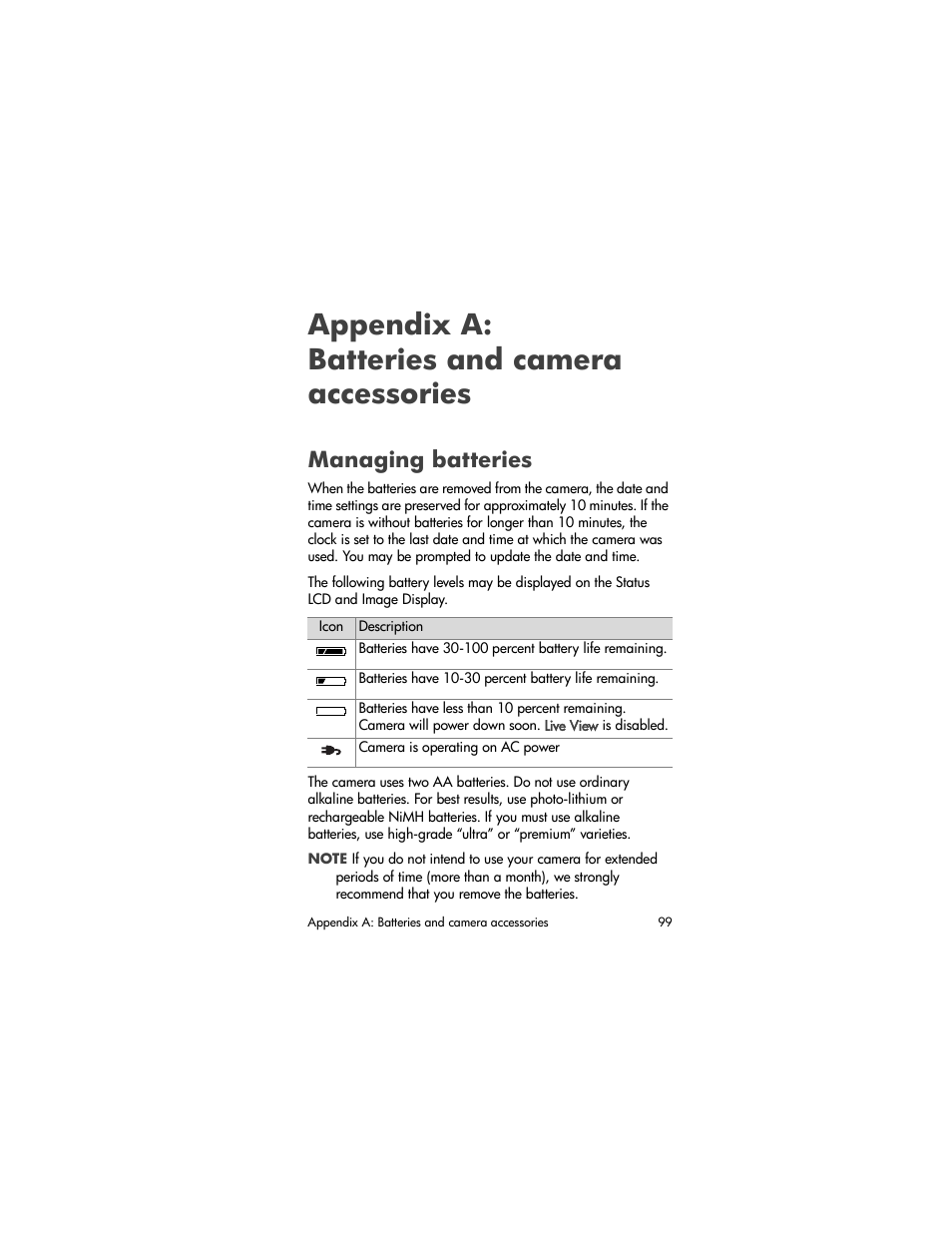 Appendix a: batteries and camera accessories, Managing batteries, Managing | Batteries | HP Photosmart 730 series User Manual | Page 99 / 116