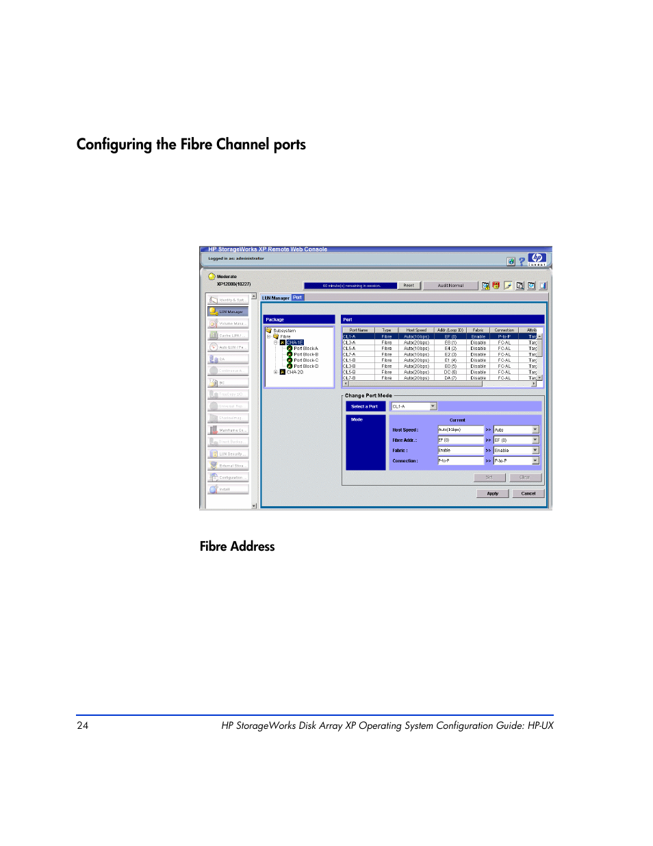 Configuring the fibre channel ports, Configuring the fibre channel ports 24 | HP XP12000 User Manual | Page 22 / 82