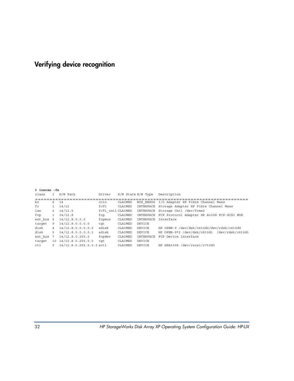Verifying device recognition, Verifying device recognition 32 | HP XP12000 User Manual | Page 30 / 82