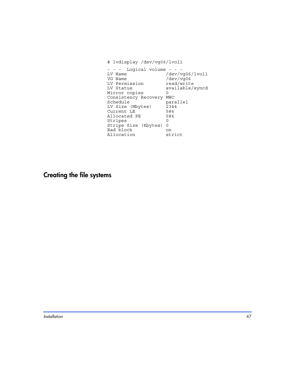 Creating the file systems, Creating the file systems 47 | HP XP12000 User Manual | Page 45 / 82