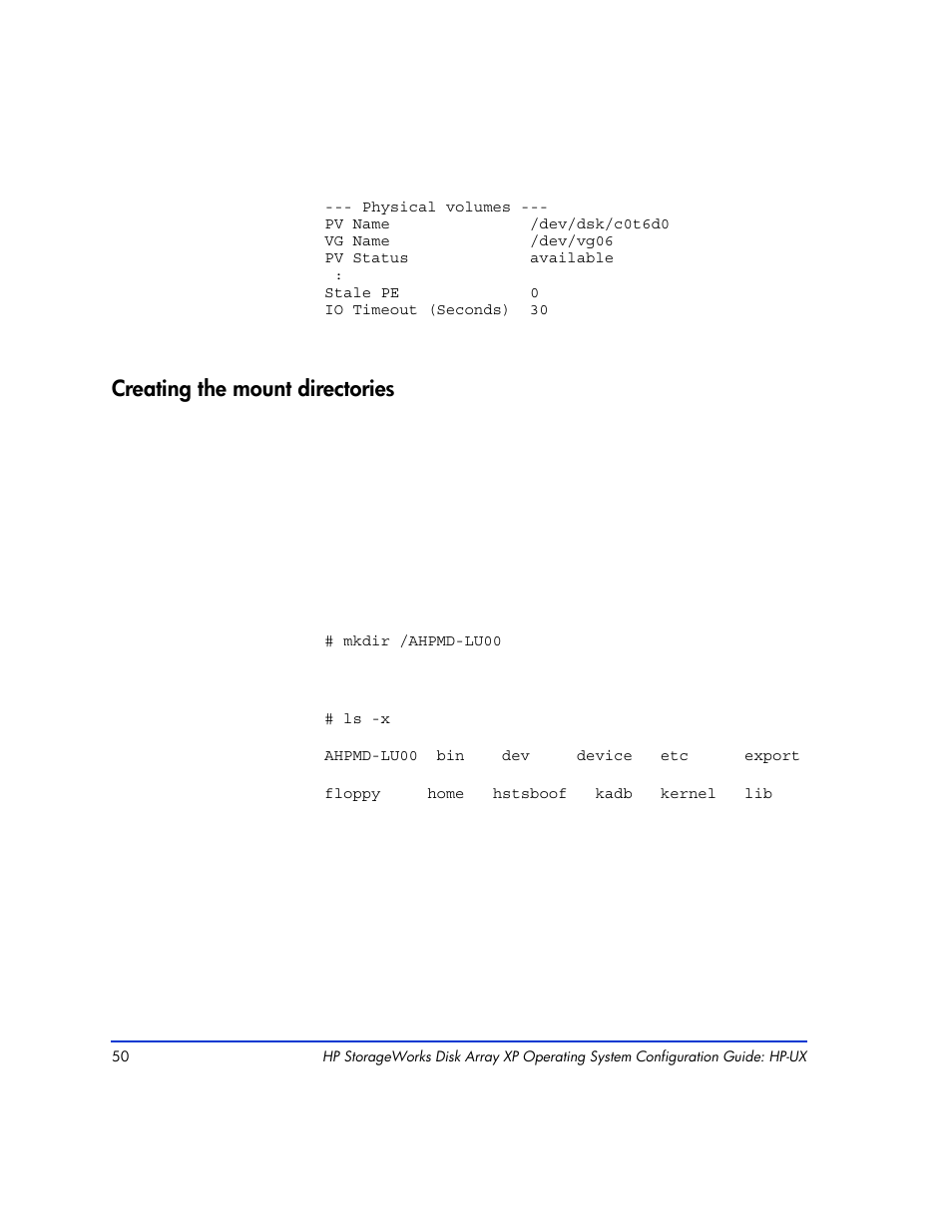 Creating the mount directories, Creating the mount directories 50 | HP XP12000 User Manual | Page 48 / 82