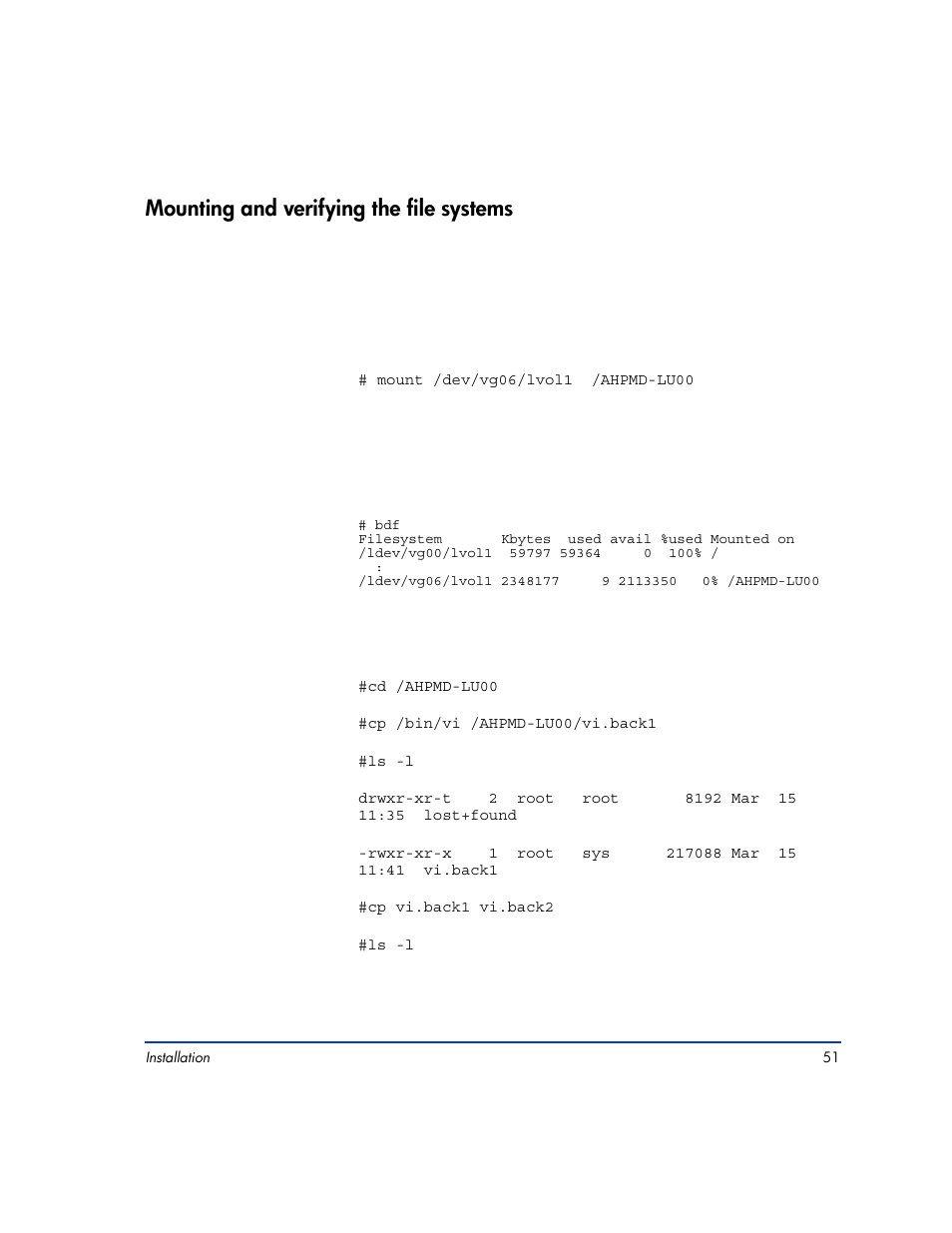 Mounting and verifying the file systems, Mounting and verifying the file systems 51 | HP XP12000 User Manual | Page 49 / 82