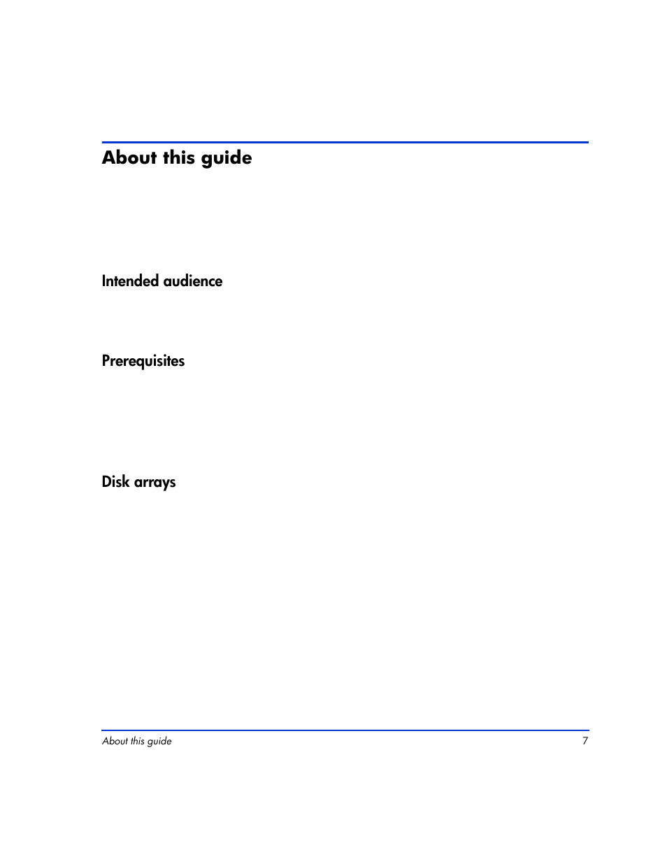 About this guide, Intended audience, Prerequisites | Disk arrays, About this guide 7, Intended audience 7 prerequisites 7 disk arrays 7 | HP XP12000 User Manual | Page 5 / 82