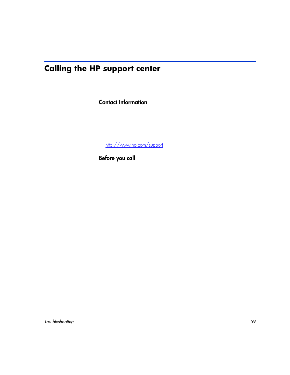 Calling the hp support center, Calling the hp support center 59 | HP XP12000 User Manual | Page 57 / 82