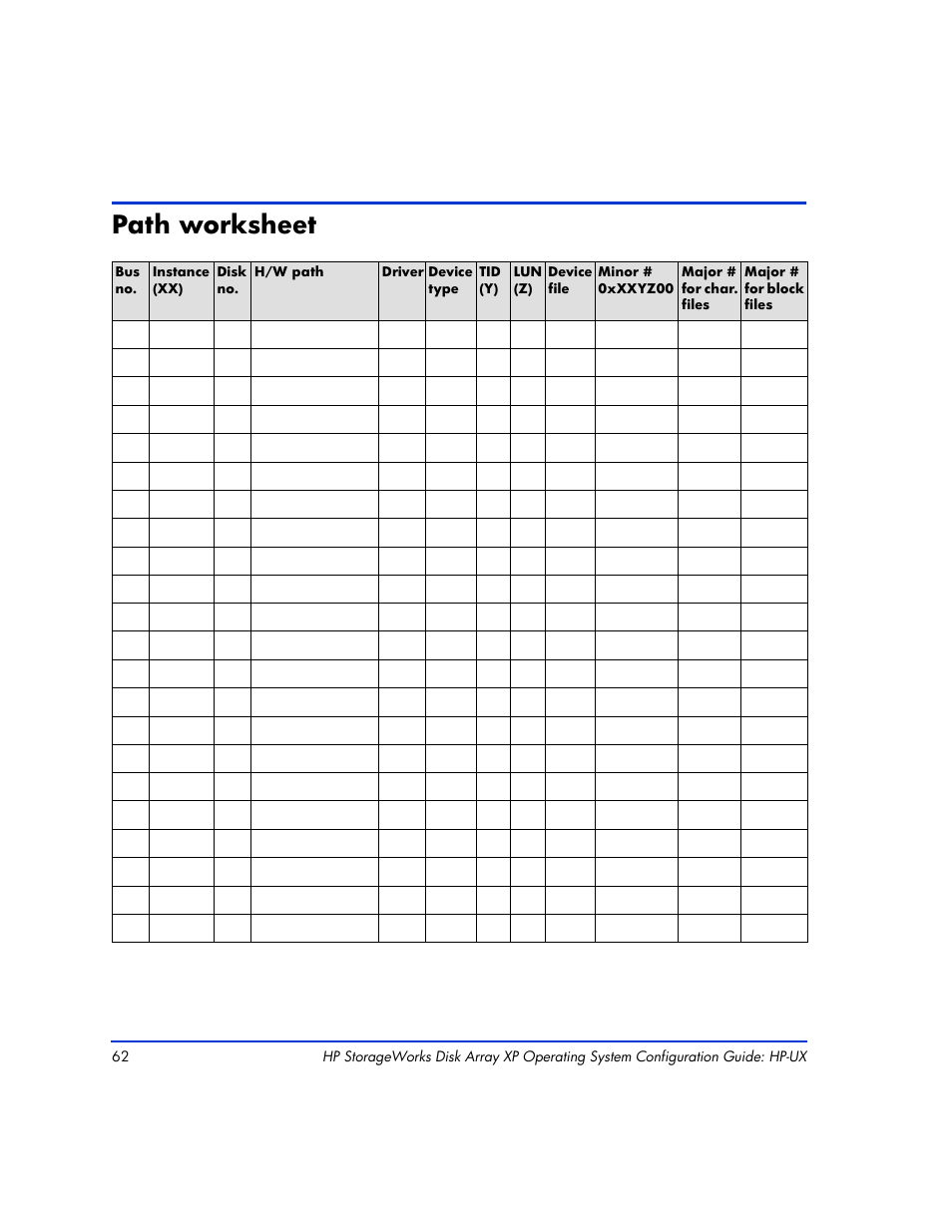 Path worksheet, Path worksheet 62, Path | Worksheet | HP XP12000 User Manual | Page 60 / 82