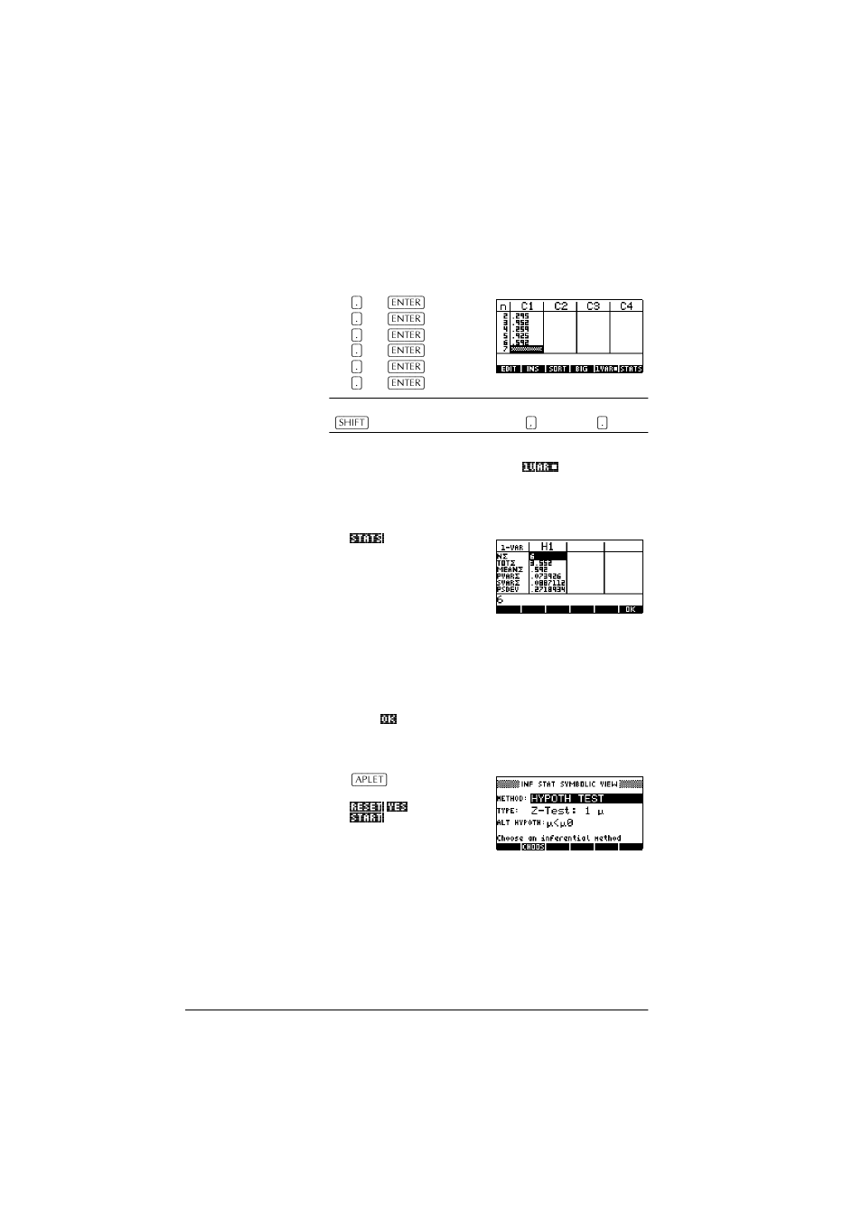 Enter data, Calculate statistics, Open inference aplet | HP 39g+ User Manual | Page 120 / 288