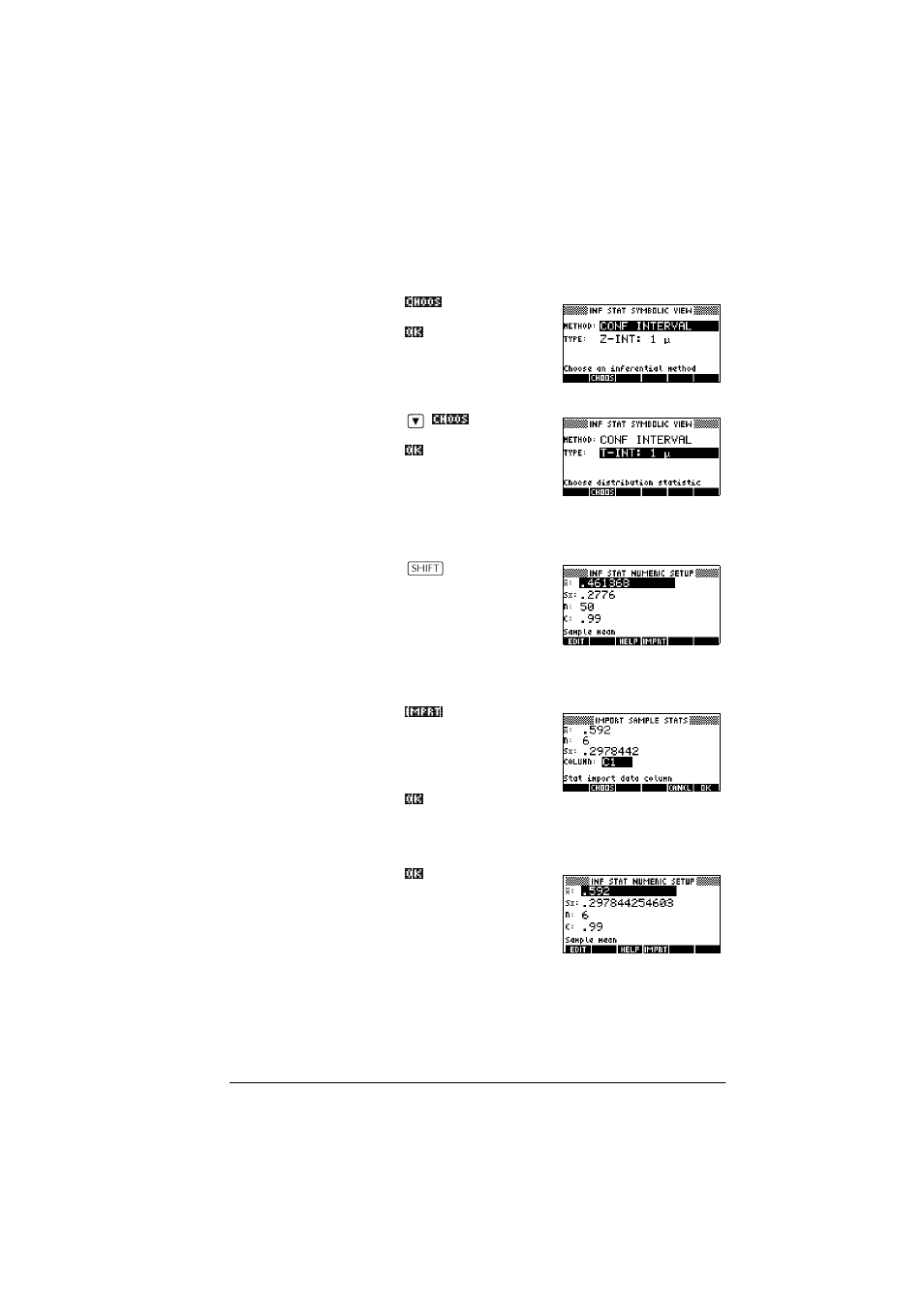 Choose inference method and type, Set up the interval calculation, Import the data | HP 39g+ User Manual | Page 121 / 288