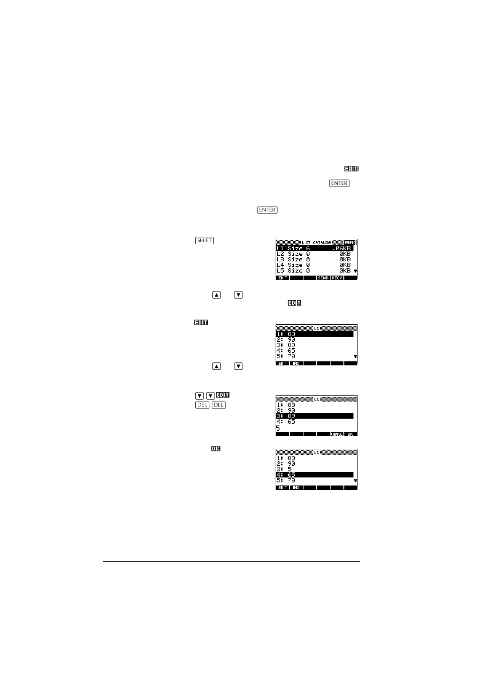 Displaying and editing lists | HP 39g+ User Manual | Page 190 / 288