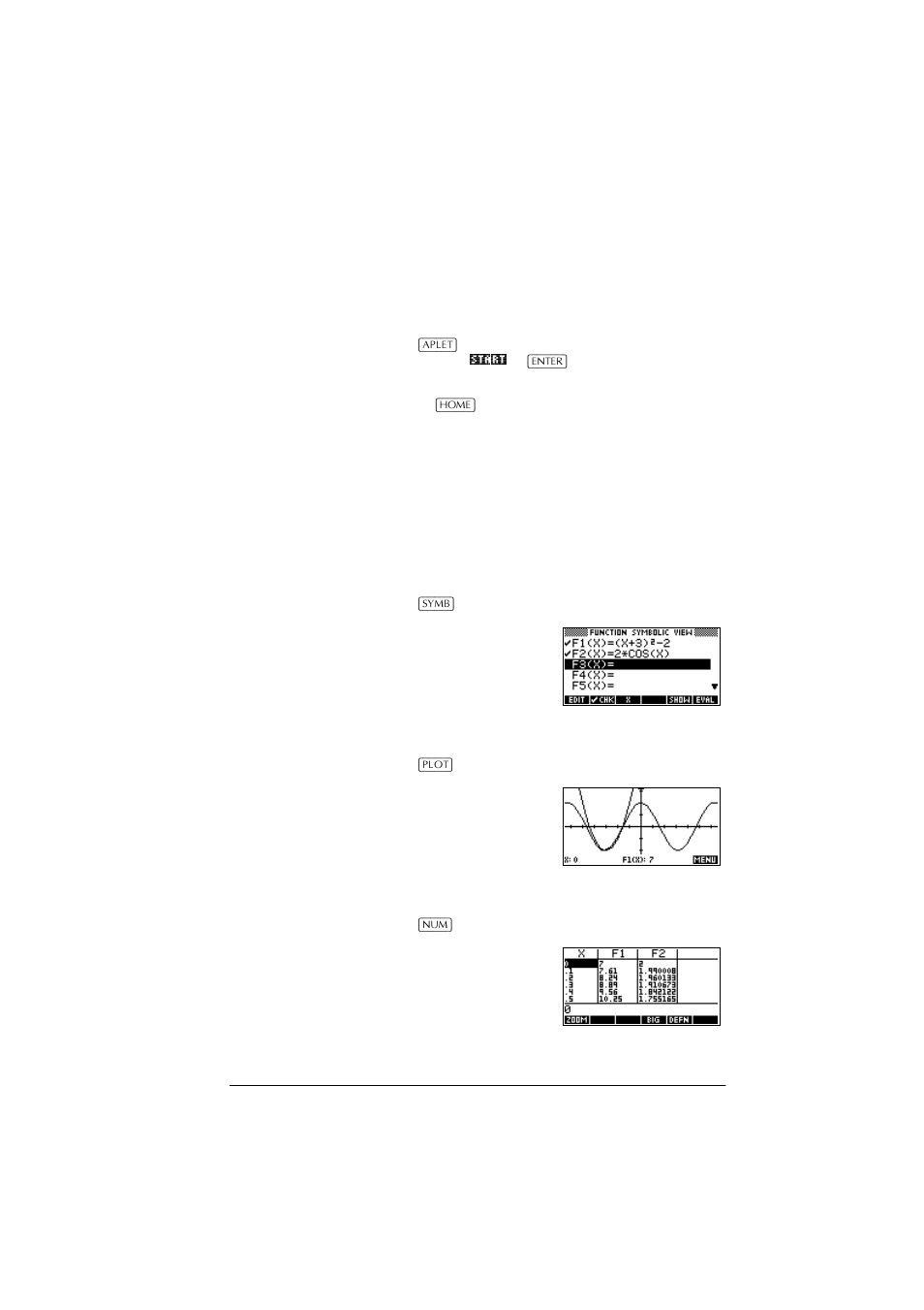 Aplet library, Aplet views, Symbolic view | Plot view, Numeric view | HP 39g+ User Manual | Page 25 / 288