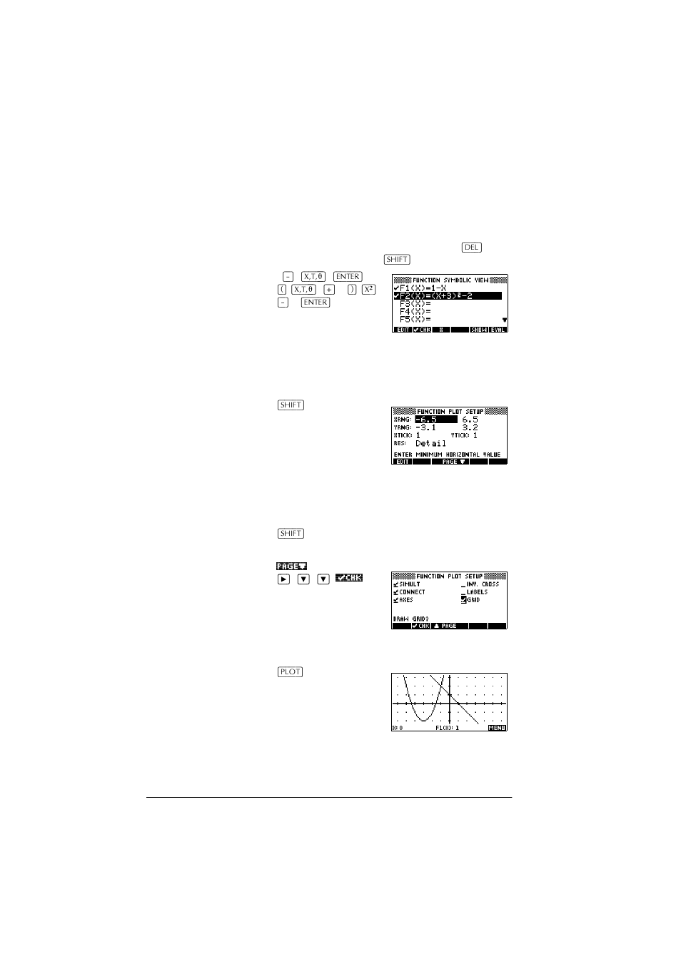 Define the expressions, Set up the plot, Plot the functions | HP 39g+ User Manual | Page 62 / 288