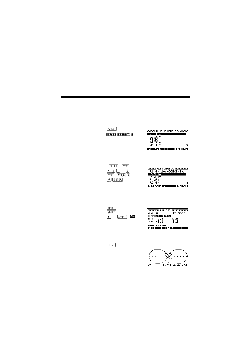 5polar aplet, Getting started with the polar aplet, Open the polar aplet | Define the expression, Specify plot settings, Plot the expression | HP 39g+ User Manual | Page 77 / 288