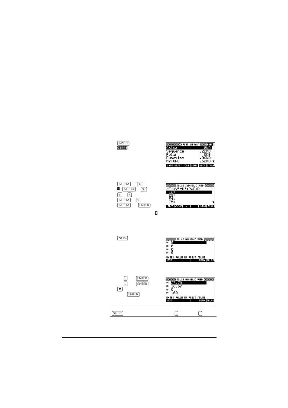 Getting started with the solve aplet, Open the solve aplet, Define the equation | Define known variables | HP 39g+ User Manual | Page 84 / 288