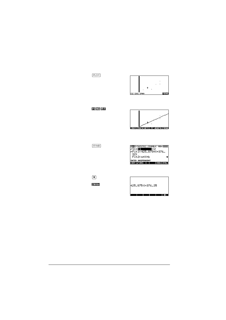 Plot the graph, Draw the regression curve, Display the equation for best linear fit | HP 39g+ User Manual | Page 96 / 288