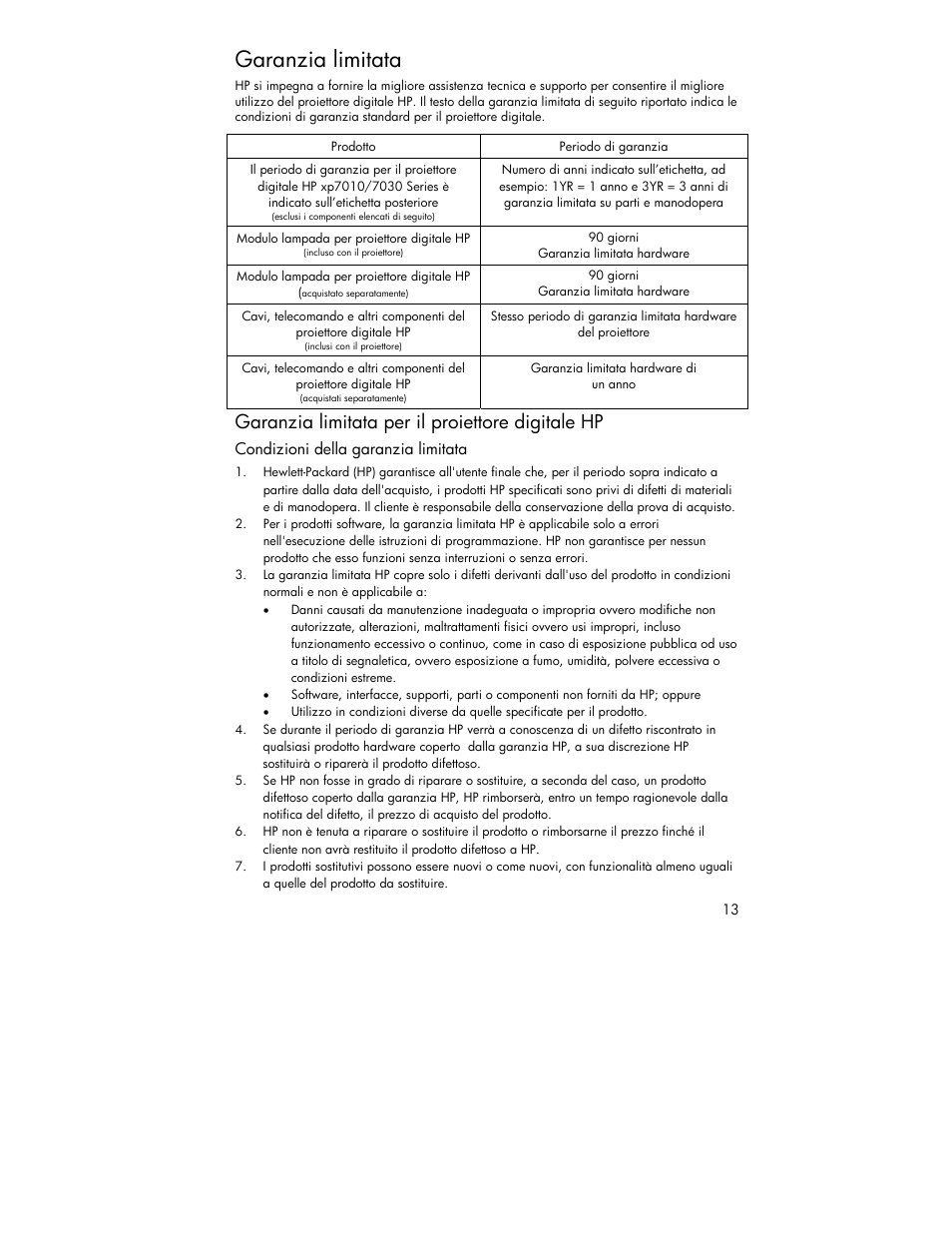 Garanzia limitata, Garanzia limitata per il proiettore digitale hp | HP XP7010 User Manual | Page 13 / 40