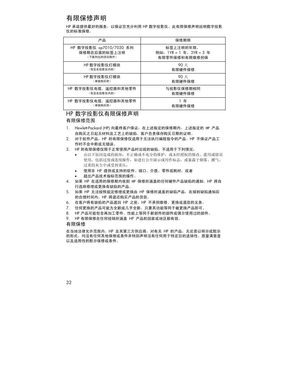 有限保修声明, Hp 数字投影仪有限保修声明 | HP XP7010 User Manual | Page 32 / 40