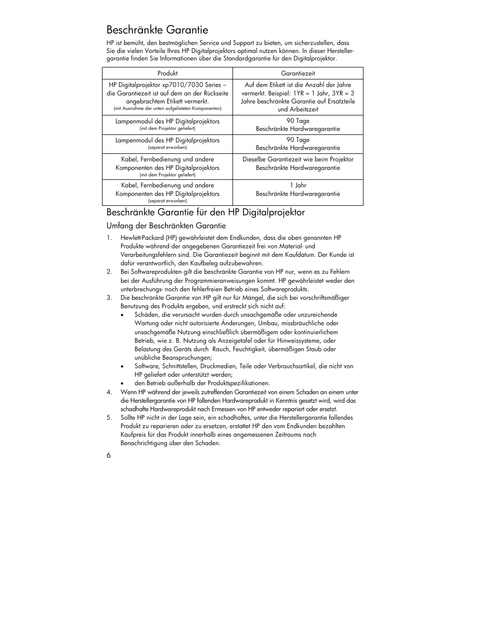 Beschränkte garantie, Beschränkte garantie für den hp digitalprojektor | HP XP7010 User Manual | Page 6 / 40