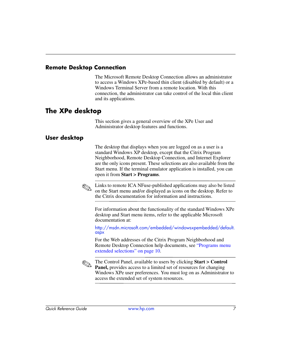 Remote desktop connection, The xpe desktop, User desktop | HP T5000 User Manual | Page 11 / 41