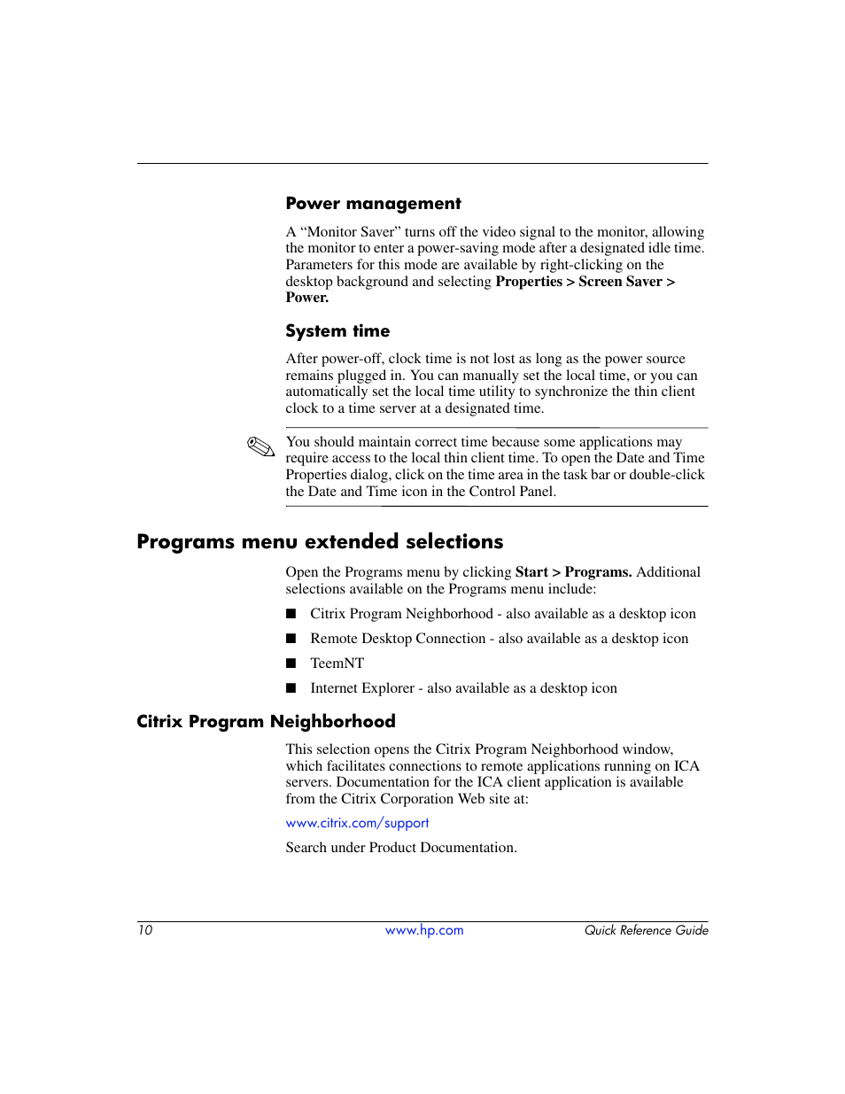 Programs menu extended selections, Citrix program neighborhood | HP T5000 User Manual | Page 14 / 41