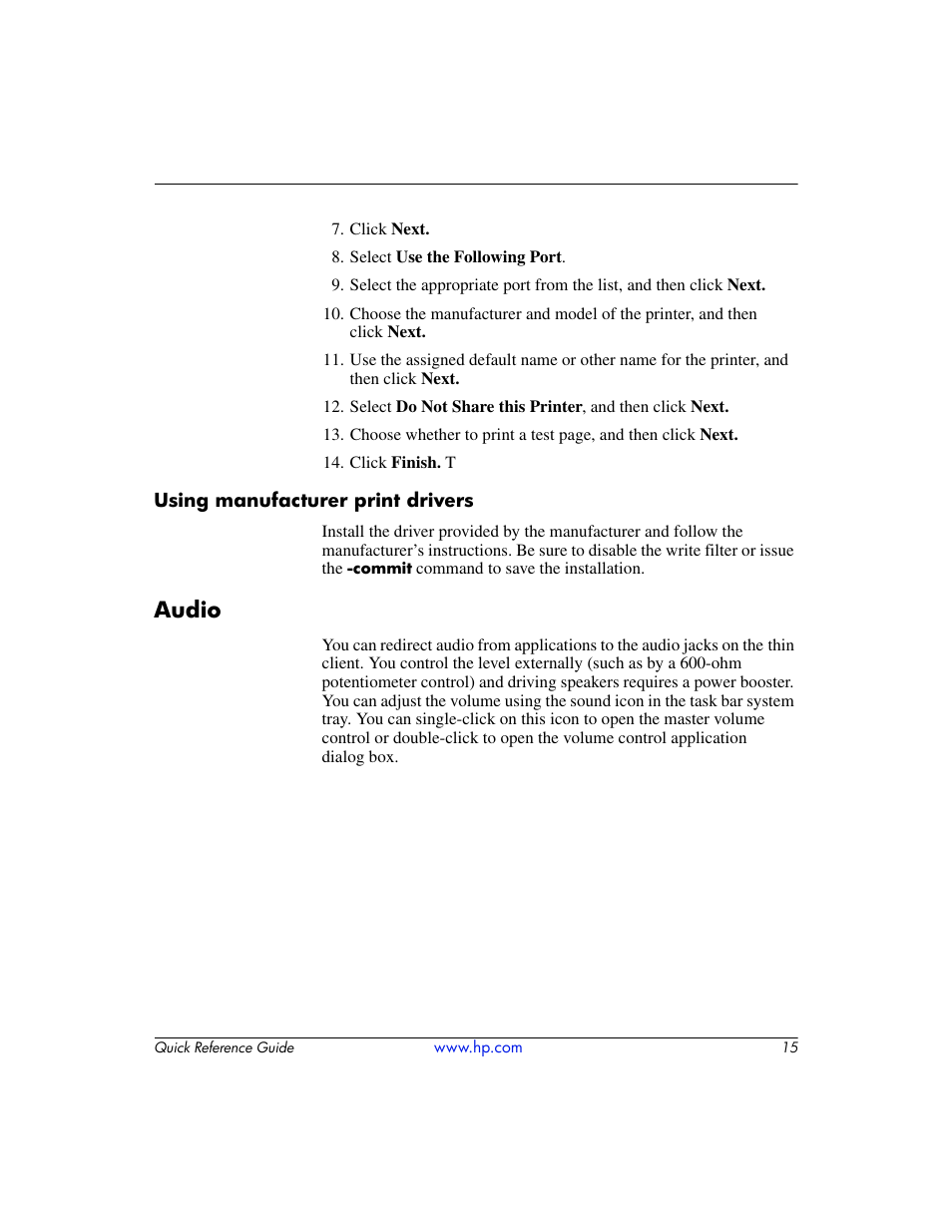 Using manufacturer print drivers, Audio | HP T5000 User Manual | Page 19 / 41