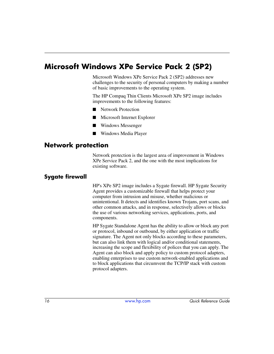 Microsoft windows xpe service pack 2 (sp2), Network protection, Sygate firewall | HP T5000 User Manual | Page 20 / 41