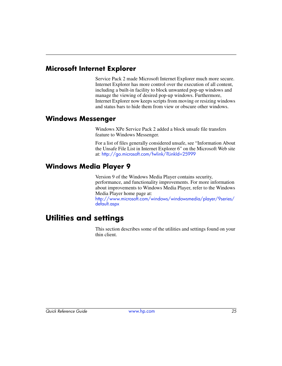 Microsoft internet explorer, Windows messenger, Windows media player 9 | Utilities and settings | HP T5000 User Manual | Page 29 / 41