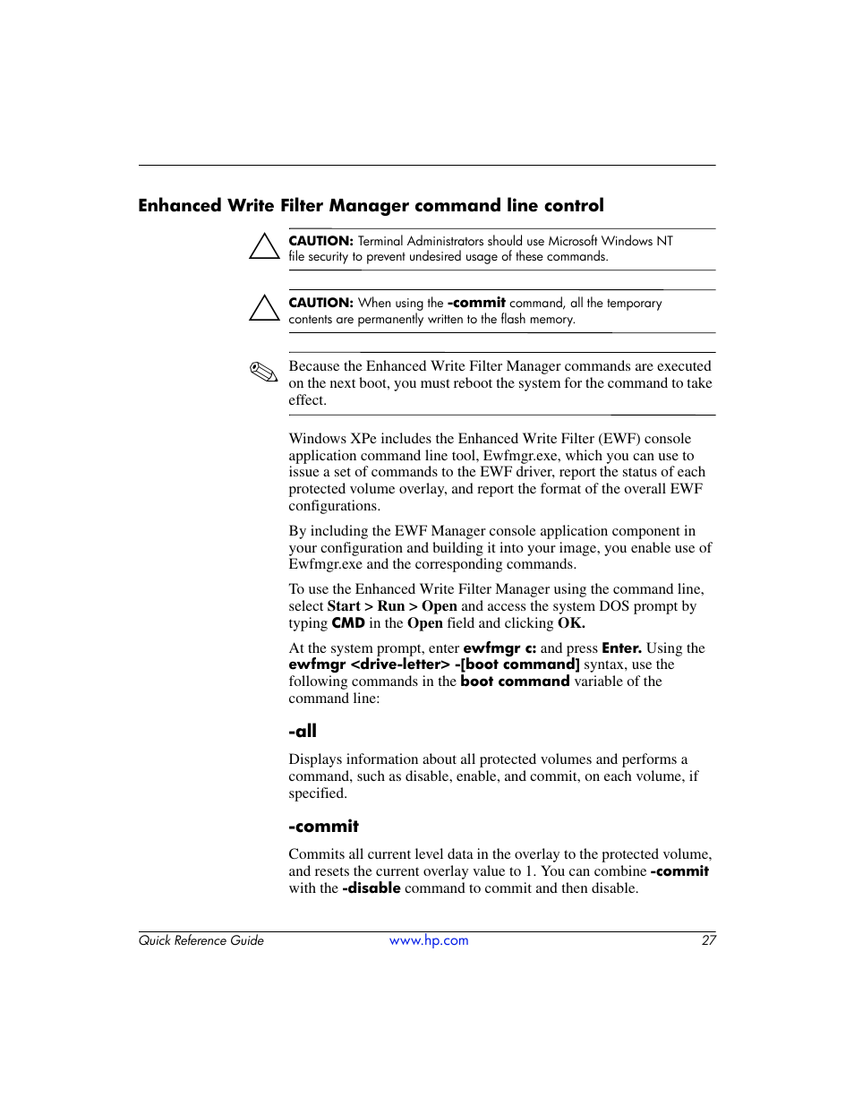 Enhanced write filter manager command line control | HP T5000 User Manual | Page 31 / 41