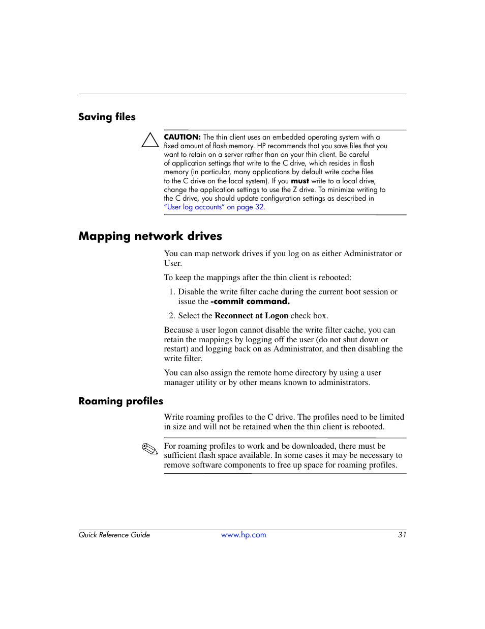 Saving files, Mapping network drives, Roaming profiles | HP T5000 User Manual | Page 35 / 41