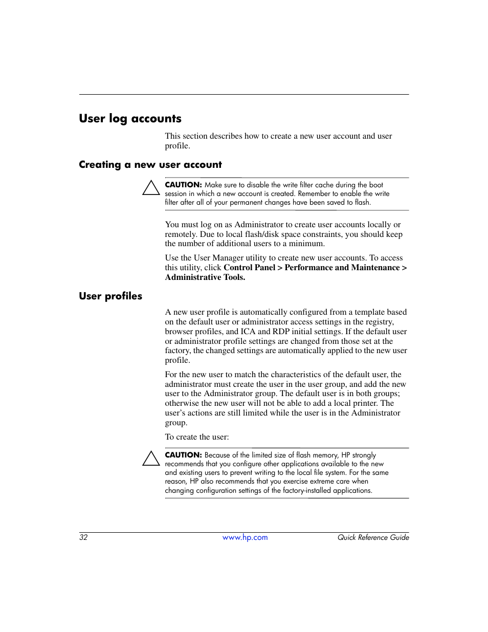 User log accounts, Creating a new user account, User profiles | Creating a new user account user profiles, User | HP T5000 User Manual | Page 36 / 41