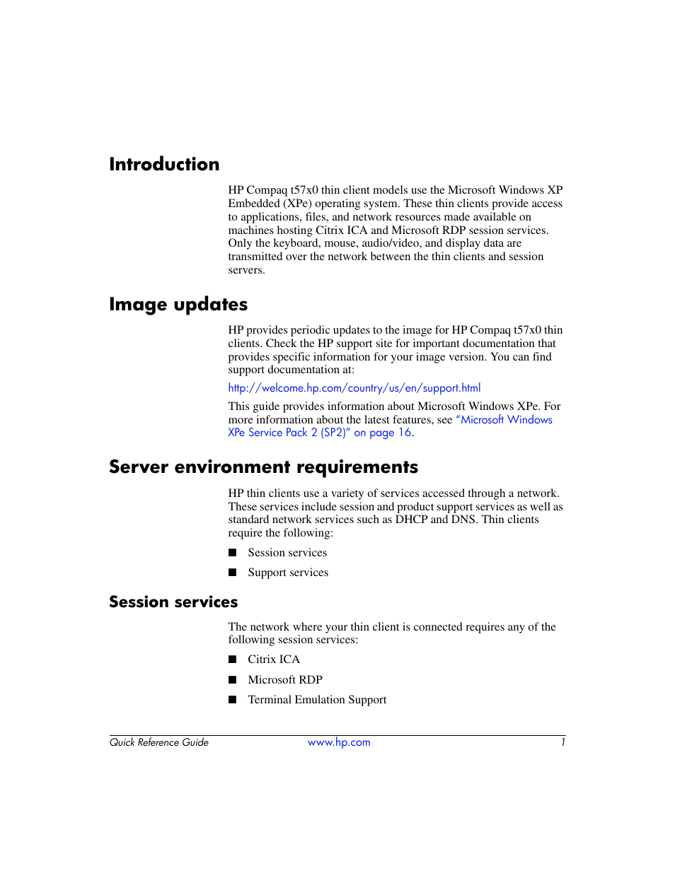Introduction, Image updates, Server environment requirements | Session services | HP T5000 User Manual | Page 5 / 41