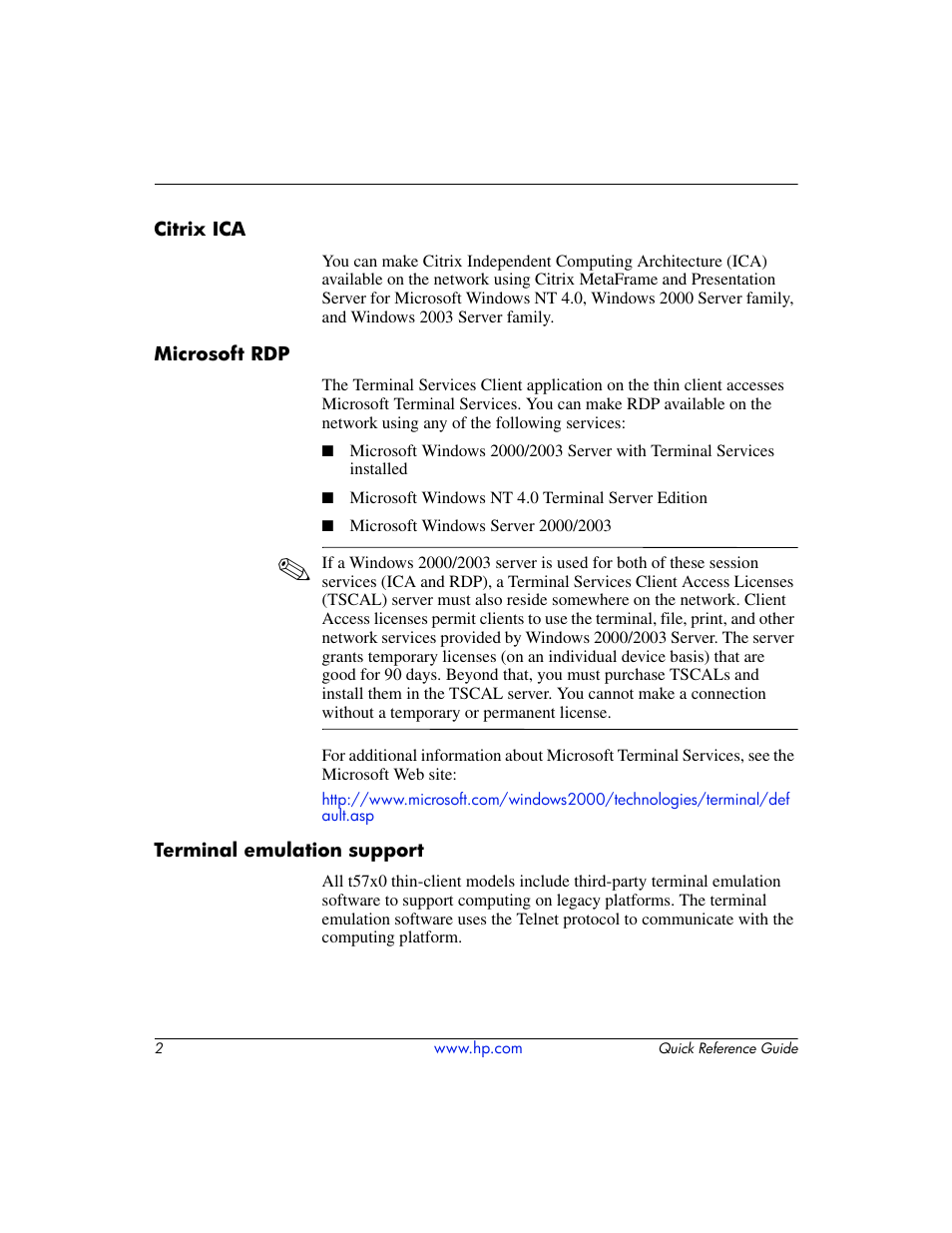 Citrix ica, Microsoft rdp, Terminal emulation support | HP T5000 User Manual | Page 6 / 41