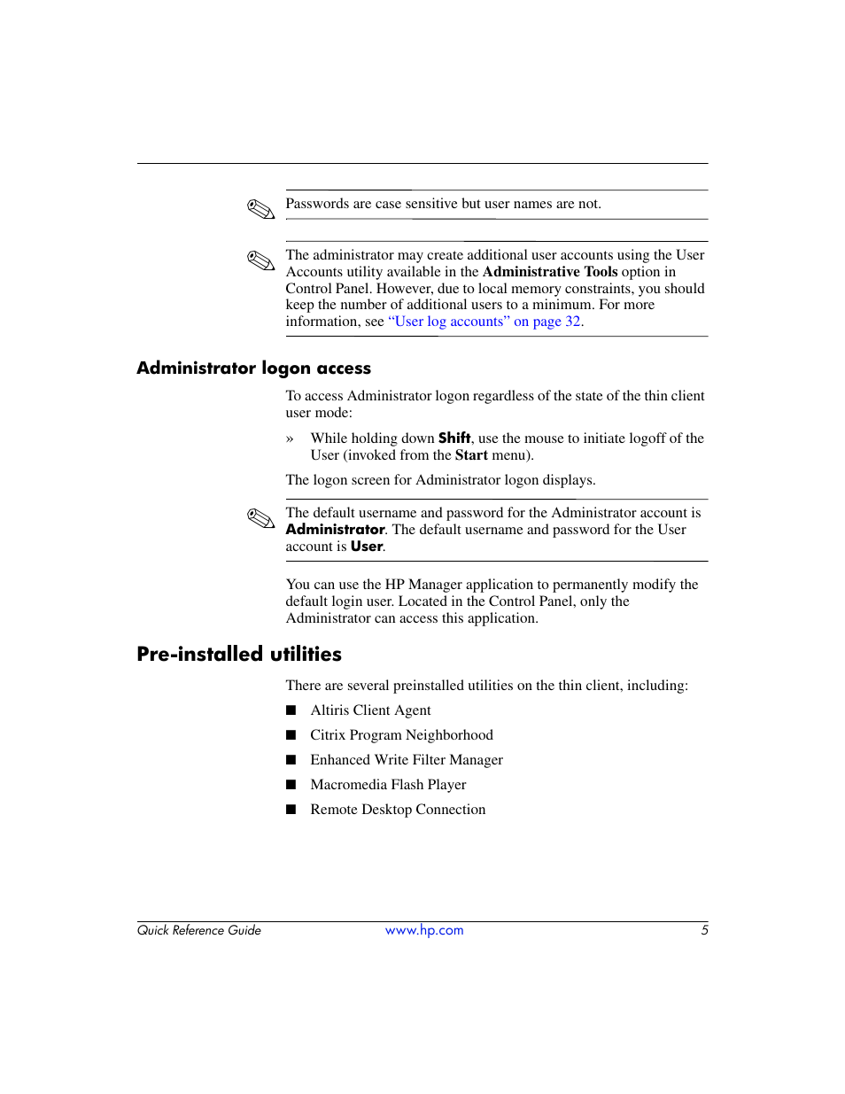 Administrator logon access, Pre-installed utilities | HP T5000 User Manual | Page 9 / 41