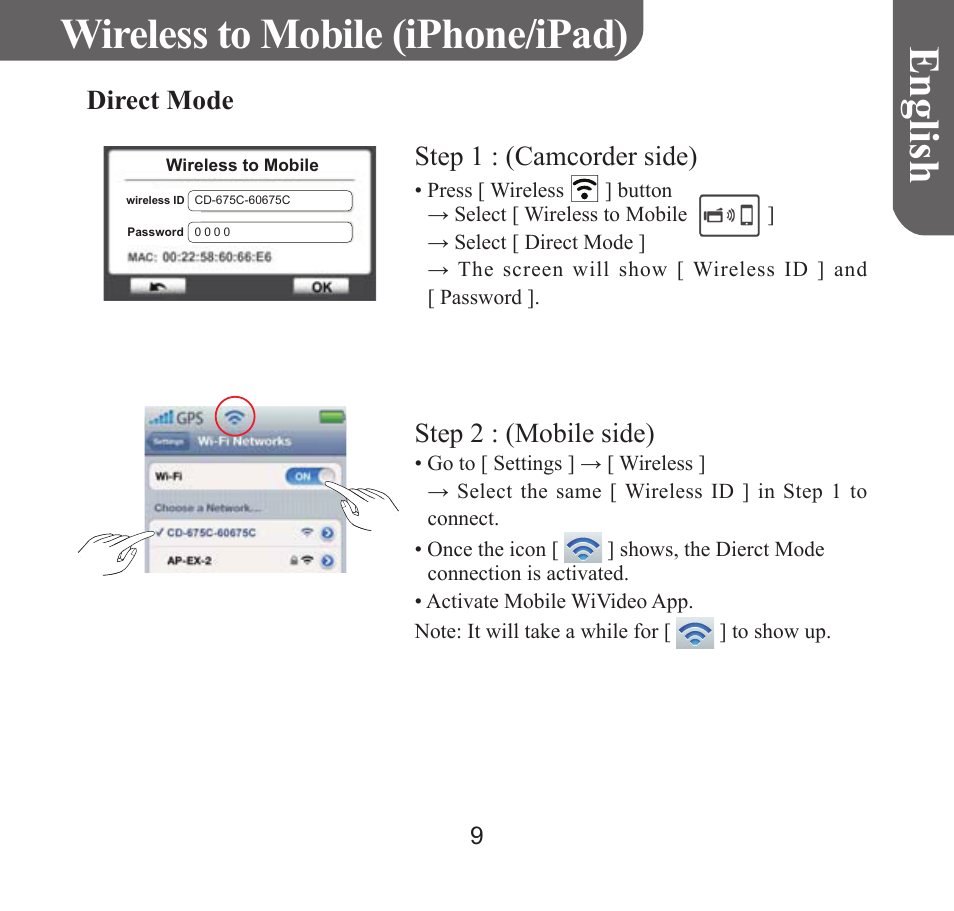 Englis h wireless to mobile (iphone/ipad), Direct mode step 1 : (camcorder side), Step 2 : (mobile side) | HP T450 User Manual | Page 10 / 66