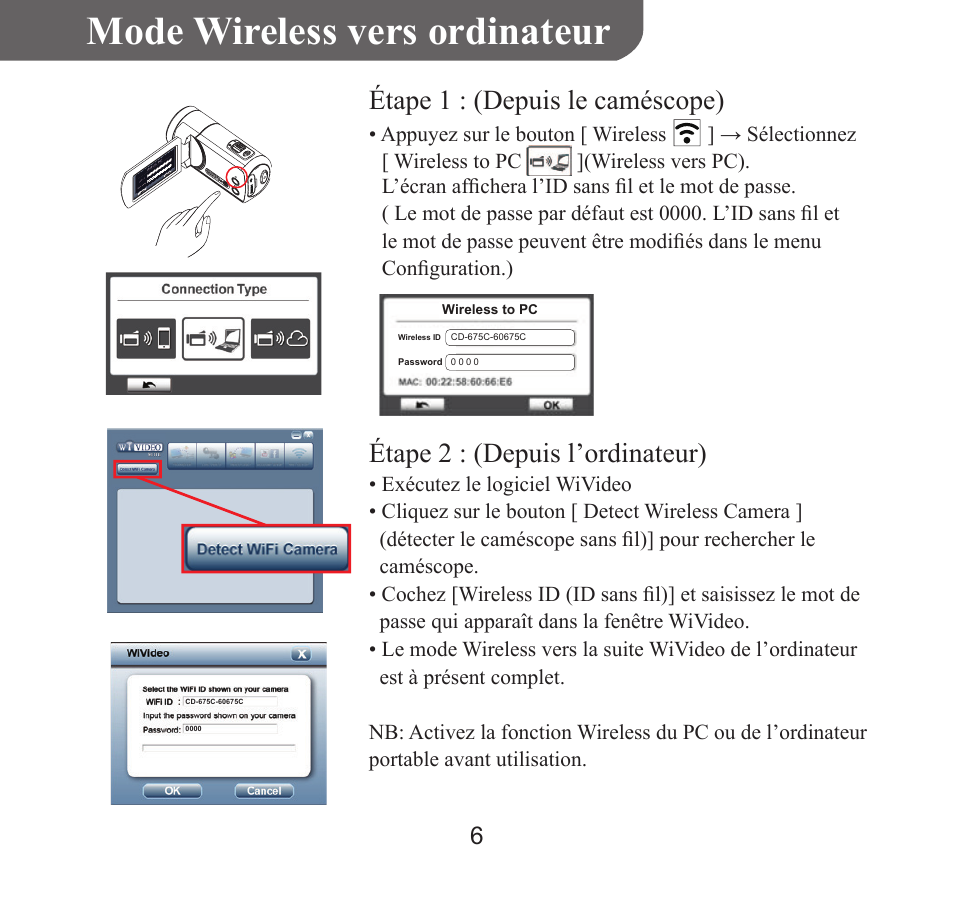 Françai s, Mode wireless vers ordinateur, Étape 1 : (depuis le caméscope) | Étape 2 : (depuis l’ordinateur) | HP T450 User Manual | Page 23 / 66