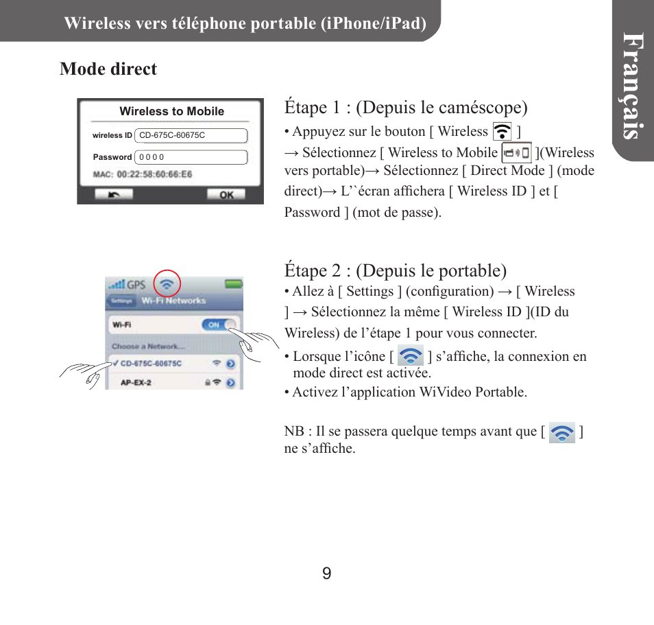 Françai s, Mode direct étape 1 : (depuis le caméscope), Étape 2 : (depuis le portable) | HP T450 User Manual | Page 26 / 66