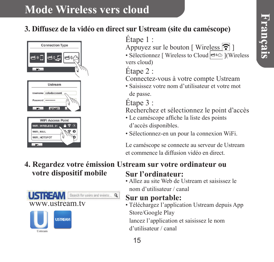 Françai s, Mode wireless vers cloud | HP T450 User Manual | Page 32 / 66