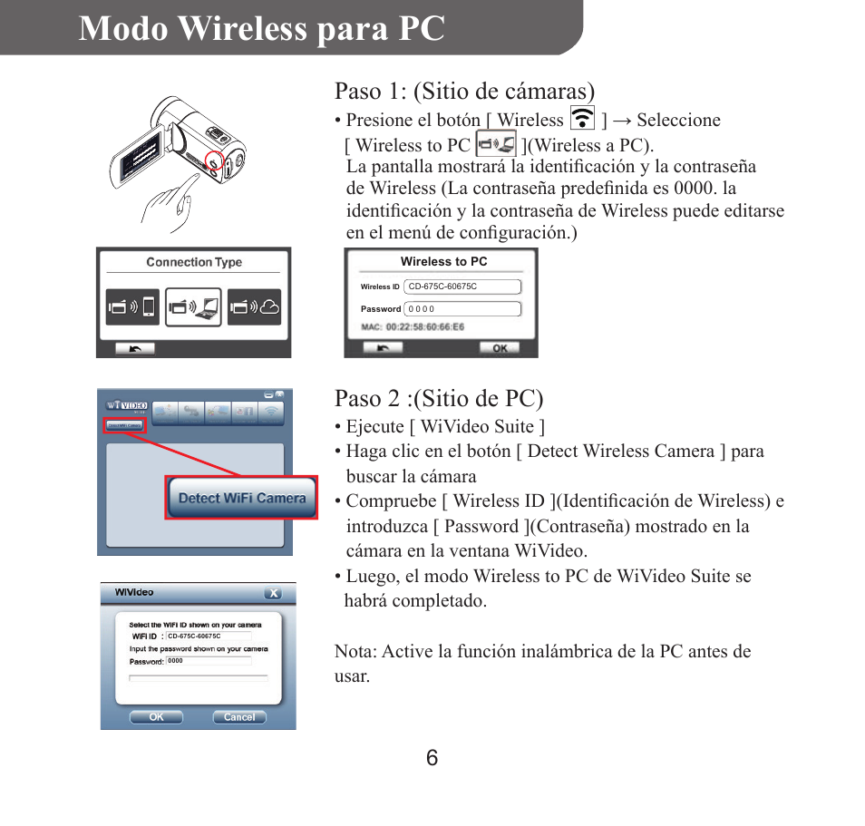 Españo l, Modo wireless para pc función pc wivideo suite, Paso 1: (sitio de cámaras) | Paso 2 :(sitio de pc) | HP T450 User Manual | Page 39 / 66