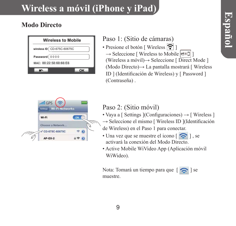 Españo l, Wireless a móvil (iphone y ipad), Modo directo paso 1: (sitio de cámaras) | Paso 2: (sitio móvil) | HP T450 User Manual | Page 42 / 66