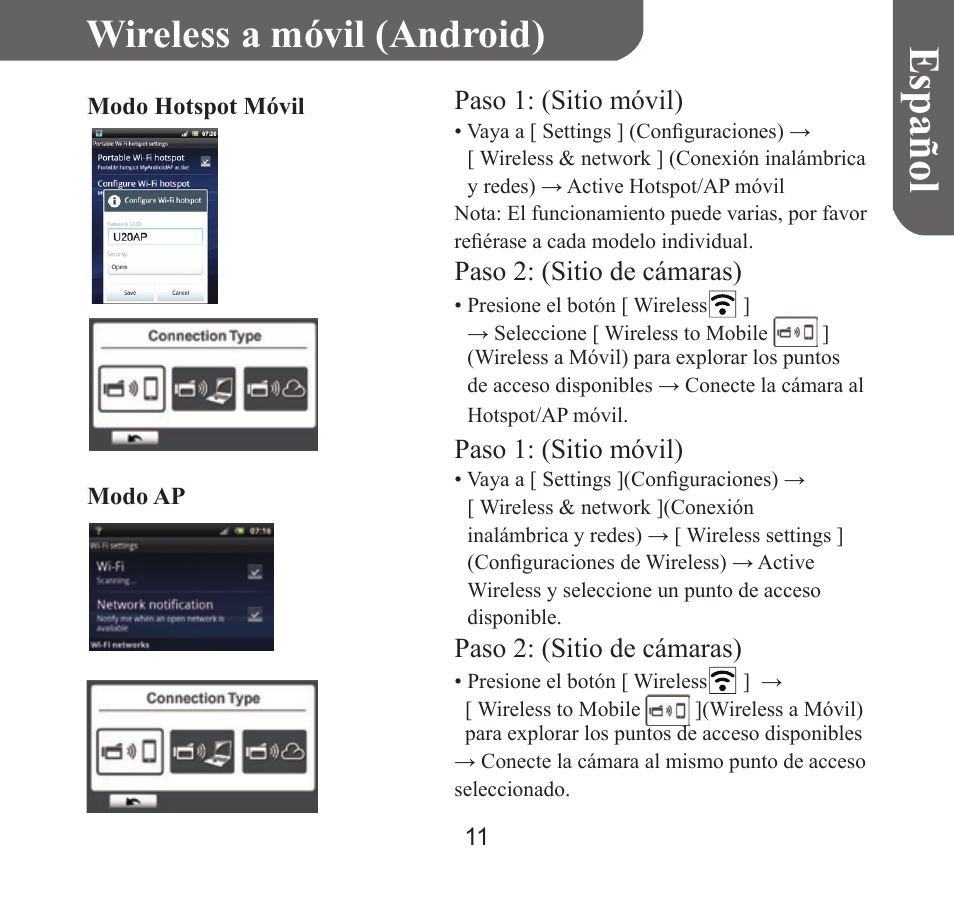 Españo l, Wireless a móvil (android) | HP T450 User Manual | Page 44 / 66