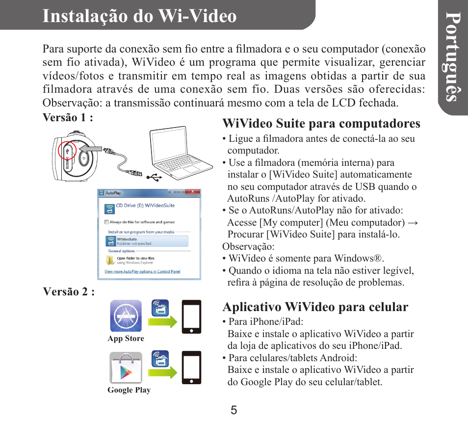 Portuguê s, Instalação do wi-video, Wivideo suite para computadores | Aplicativo wivideo para celular | HP T450 User Manual | Page 54 / 66