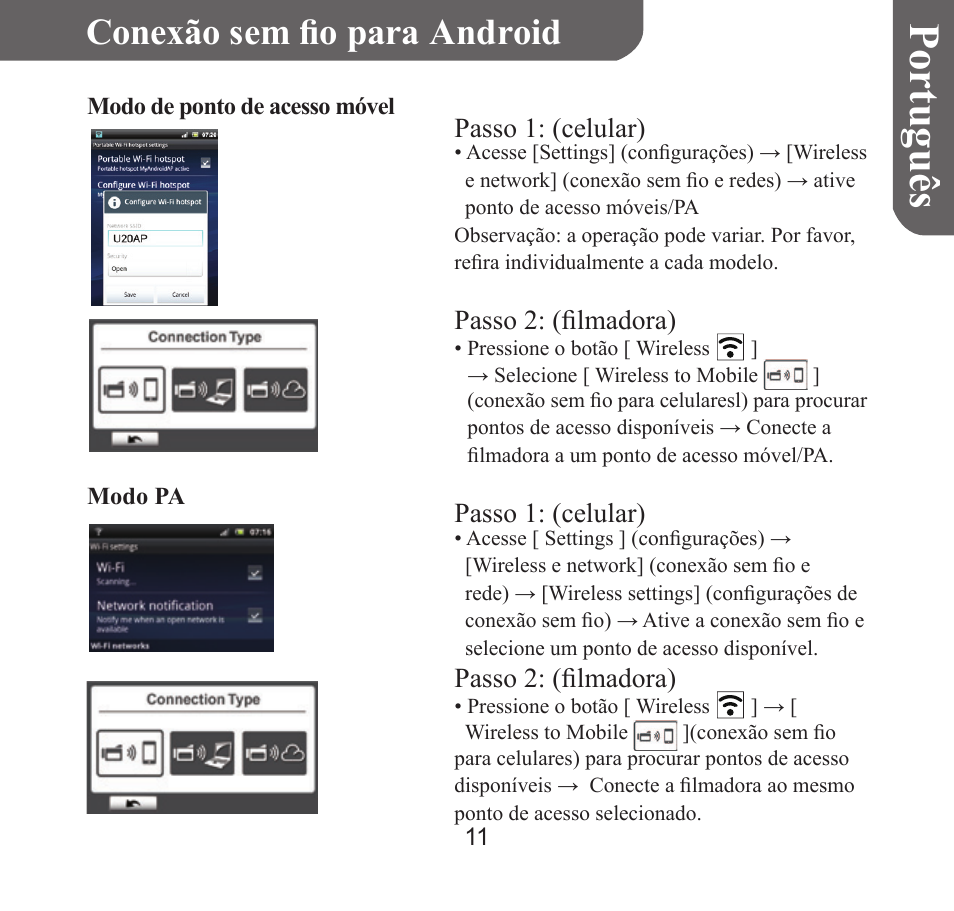 Portuguê s, Conexão sem fio para android | HP T450 User Manual | Page 60 / 66