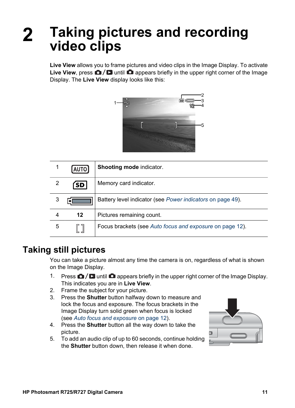 Taking pictures and recording video clips, Taking still pictures | HP R725 User Manual | Page 11 / 56