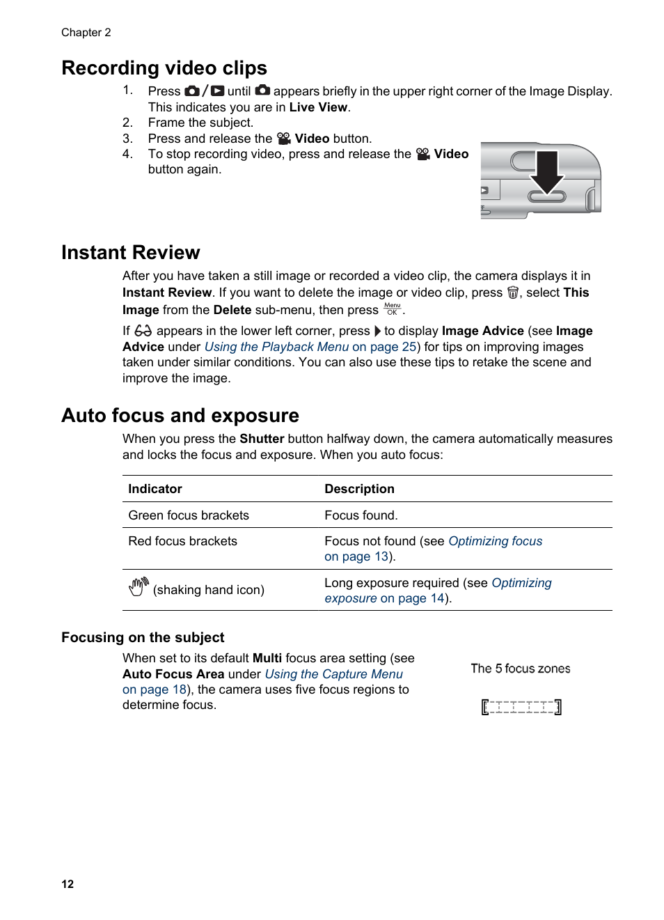 Recording video clips, Instant review, Auto focus and exposure | Focusing on the subject, Focus brackets (see | HP R725 User Manual | Page 12 / 56