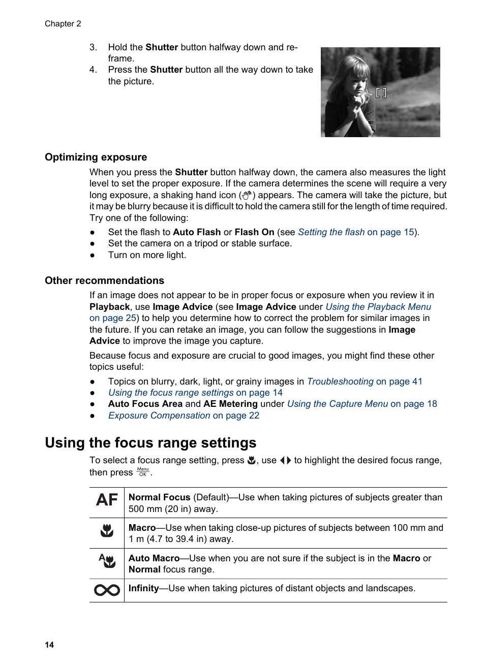 Optimizing exposure, Other recommendations, Using the focus range settings | Optimizing, Using the focus | HP R725 User Manual | Page 14 / 56