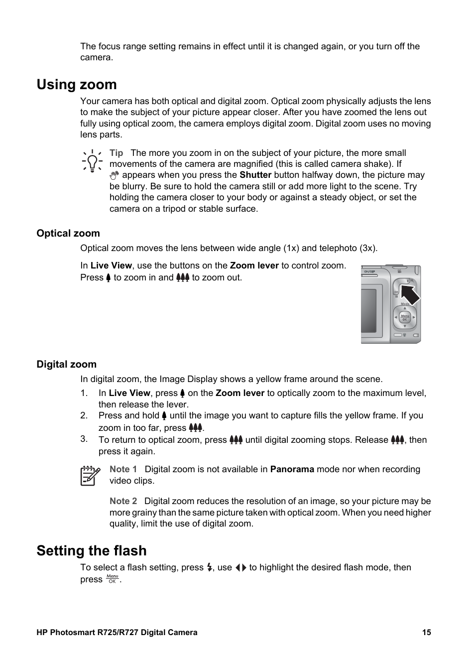Using zoom, Optical zoom, Digital zoom | Setting the flash, Optical zoom digital zoom, Red eye | HP R725 User Manual | Page 15 / 56