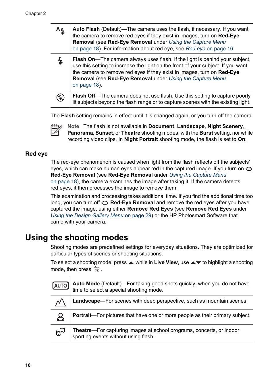 Red eye, Using the shooting modes, Using panorama mode | HP R725 User Manual | Page 16 / 56