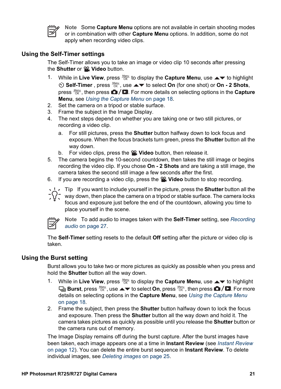 Using the self-timer settings, Using the burst setting, Ots quickly in succession (see | Using the | HP R725 User Manual | Page 21 / 56