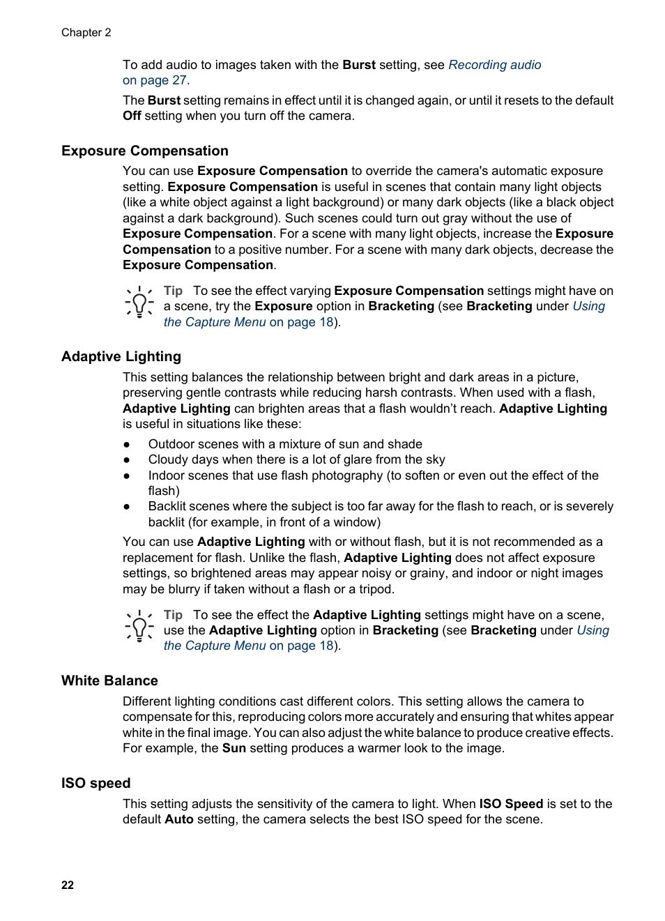 Exposure compensation, Adaptive lighting, White balance | Iso speed | HP R725 User Manual | Page 22 / 56
