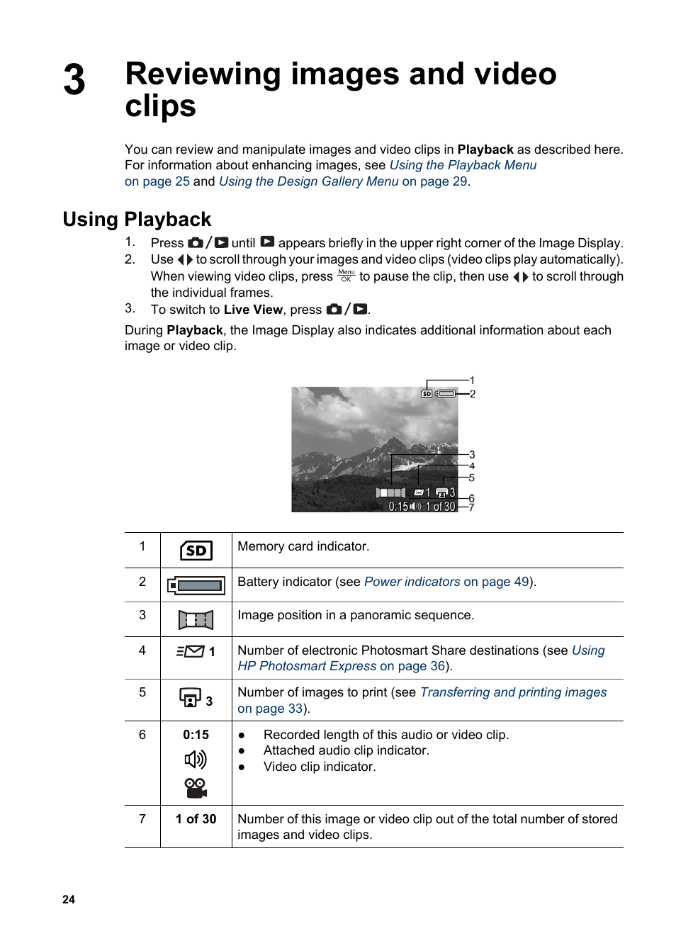 Reviewing images and video clips, Using playback, Reviewing images and video clips using playback | HP R725 User Manual | Page 24 / 56