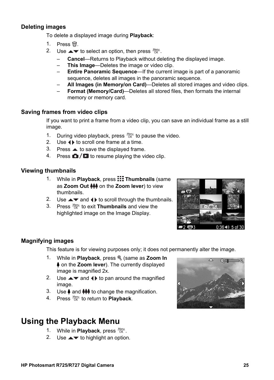 Deleting images, Saving frames from video clips, Viewing thumbnails | Magnifying images, Using the playback menu, Using the, For t, Deleting | HP R725 User Manual | Page 25 / 56