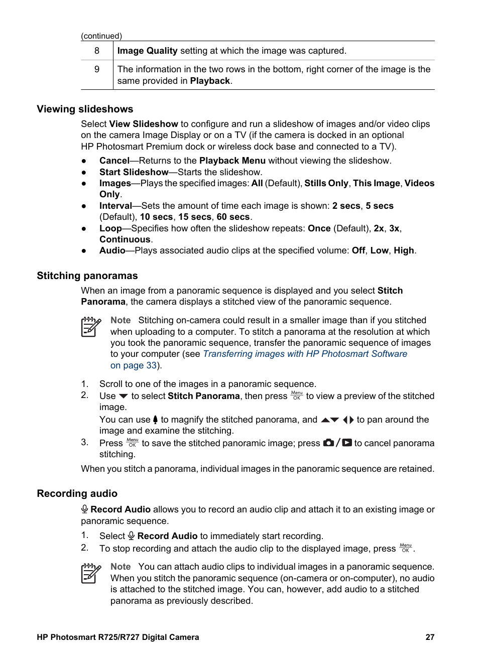 Viewing slideshows, Stitching panoramas, Recording audio | Recording | HP R725 User Manual | Page 27 / 56